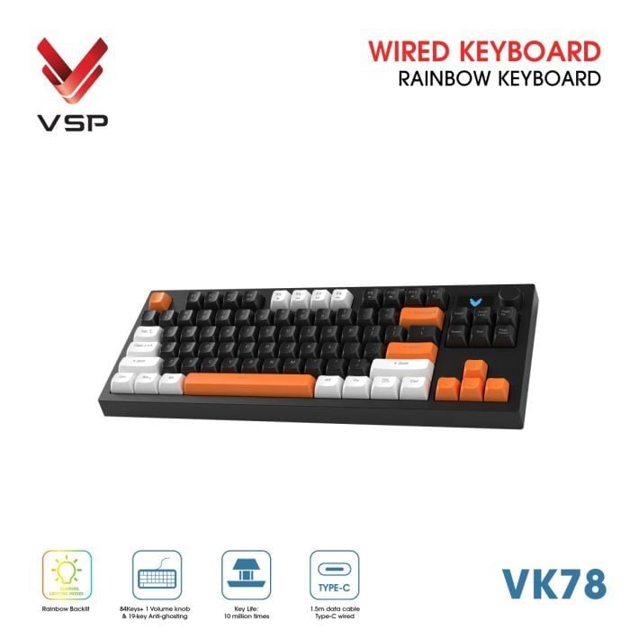 Bàn Phím Giả Cơ Có Dây VSP VK78 | Black-White-Orange (KM04-VK78000164) - Ảnh 4