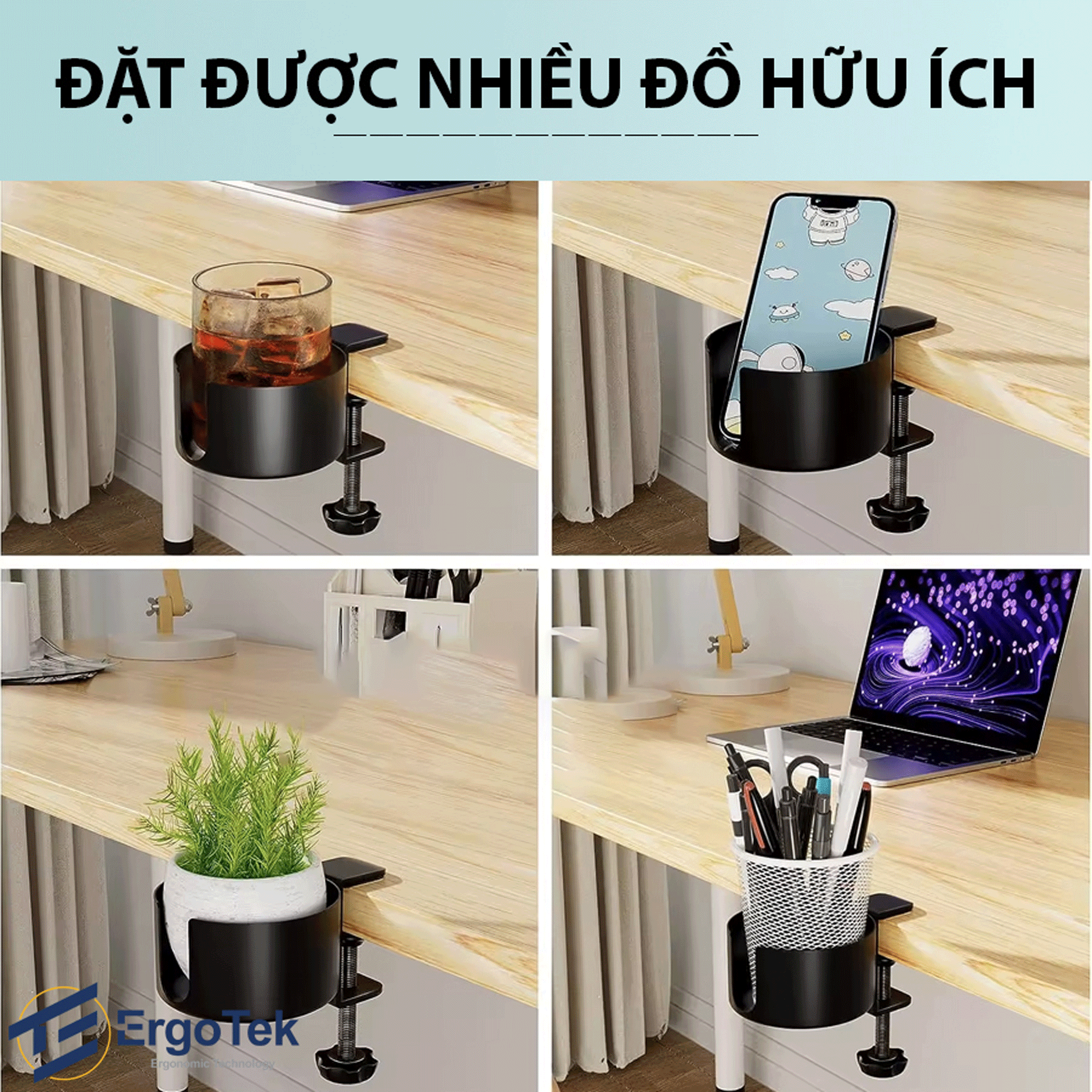 Giá đỡ cốc kẹp bàn Ergotek E525 - Đen | Hợp kim nhôm, tích hợp móc treo - Ảnh 3