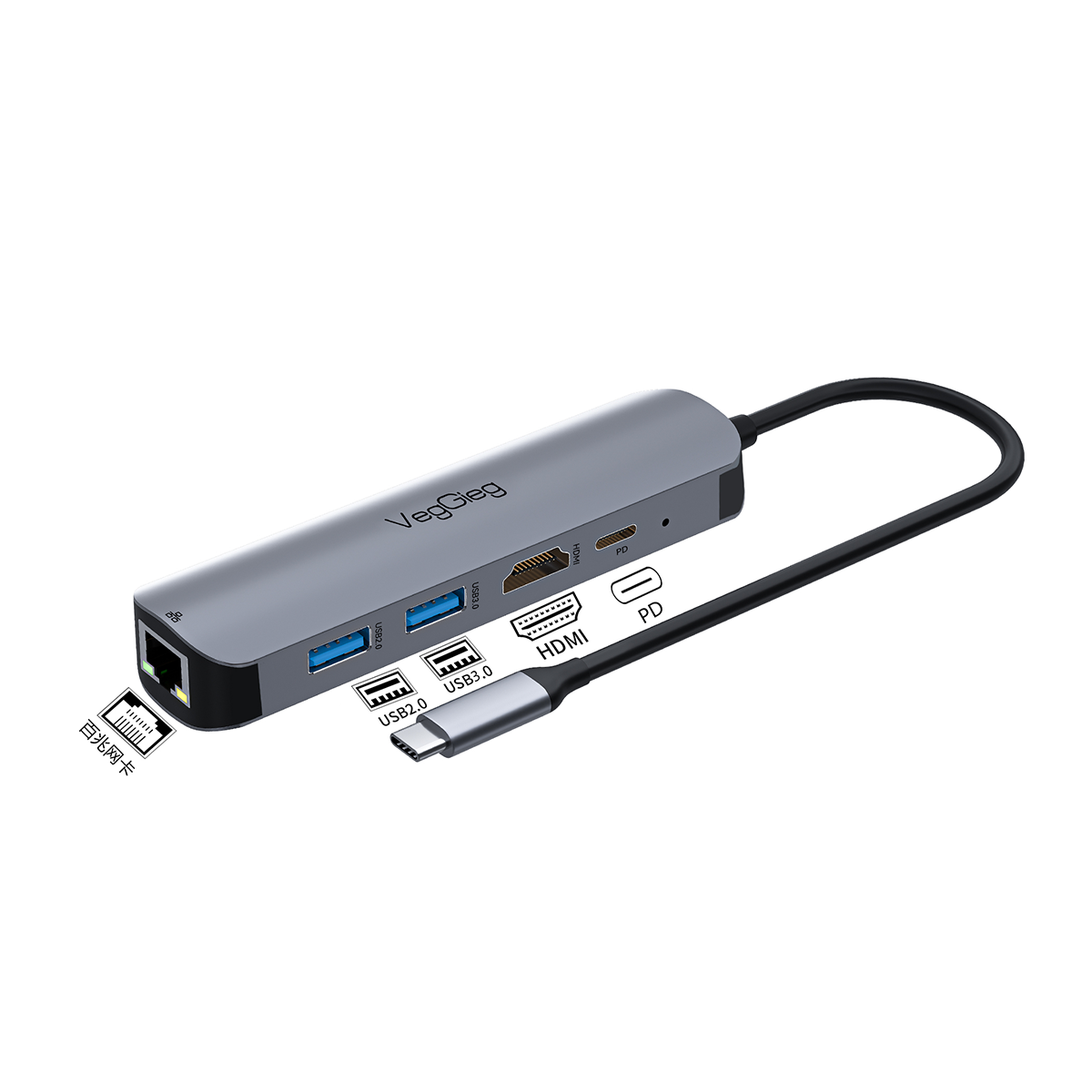 Hub chuyển đổi Type C VEGGIEG V-TC05R | 5 in 1 - Ảnh 3