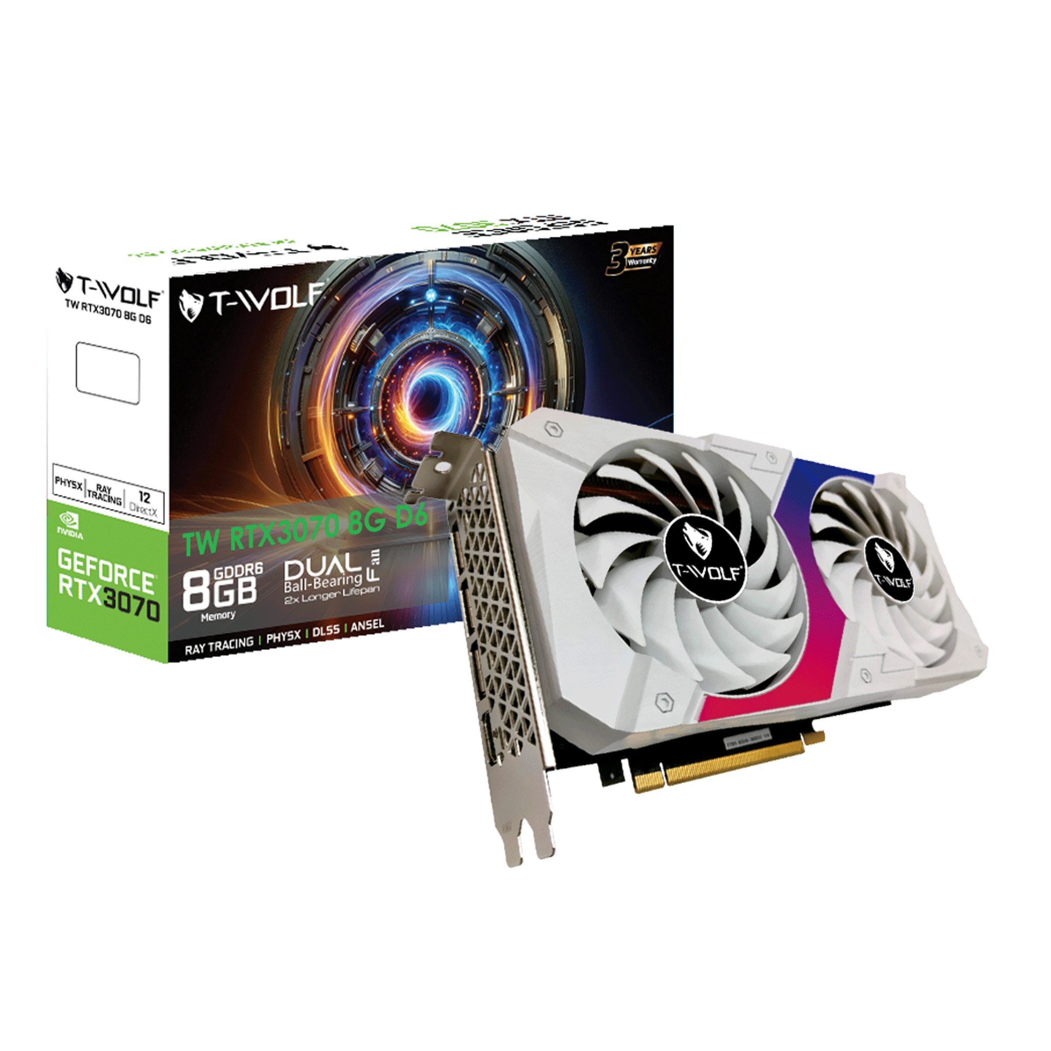 Card màn hình NVIDIA GeForce RTX 3070 T-Wolf White | 8GB GDDR6, 5888 CUDA, 650W - Ảnh 1