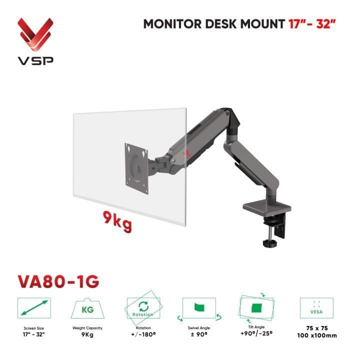 Giá treo màn hình VSP VA80-1G, 17-32 inch, Chân đơn, Màu Đen Xám - Ảnh 2