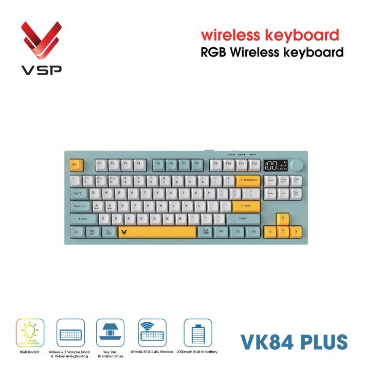 Bàn Phím Giả Cơ Không Dây VSP VK84 Plus| 3 Mode, Min-White-Yellow (KM04-VK84PL0164) - Ảnh 2