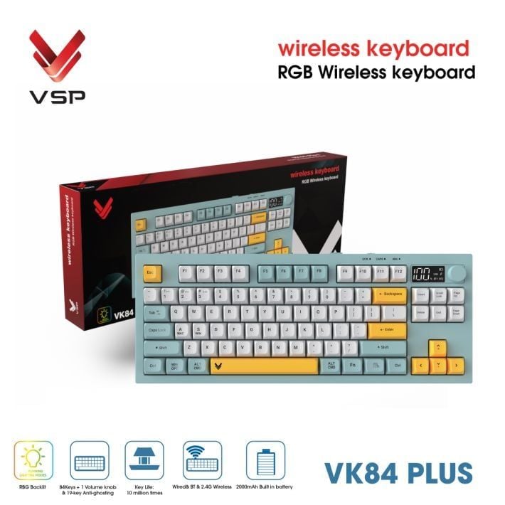 Bàn Phím Giả Cơ Không Dây VSP VK84 Plus| 3 Mode, Min-White-Yellow (KM04-VK84PL0164) - Ảnh 3
