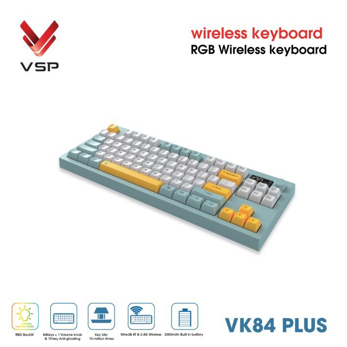 Bàn Phím Giả Cơ Không Dây VSP VK84 Plus| 3 Mode, Min-White-Yellow (KM04-VK84PL0164) - Ảnh 4