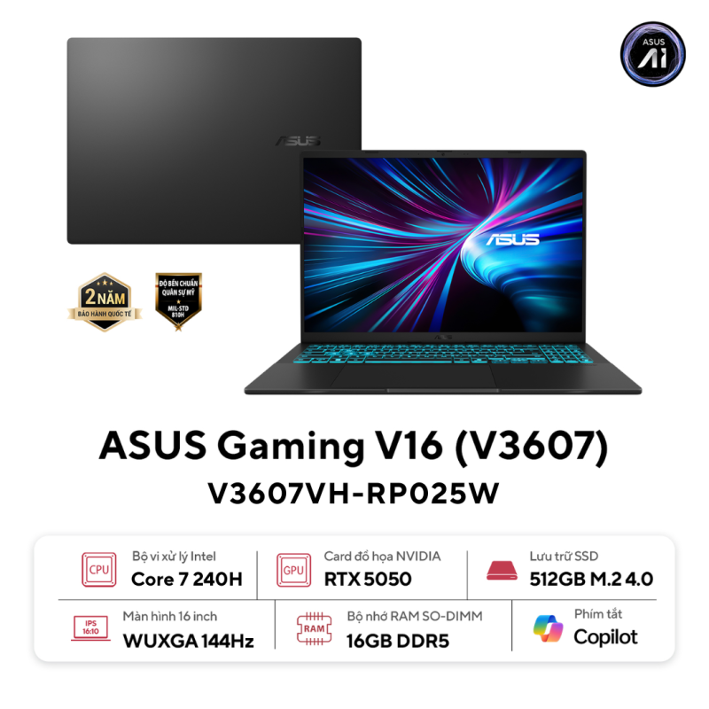 Laptop Gaming Asus V16 V3607VH-RP025W | Core 7 240H, 16GB DDR5, 512GB NVMe, RTX 5050 8GB, 16" WUXGA 144Hz, Đen - Ảnh 2