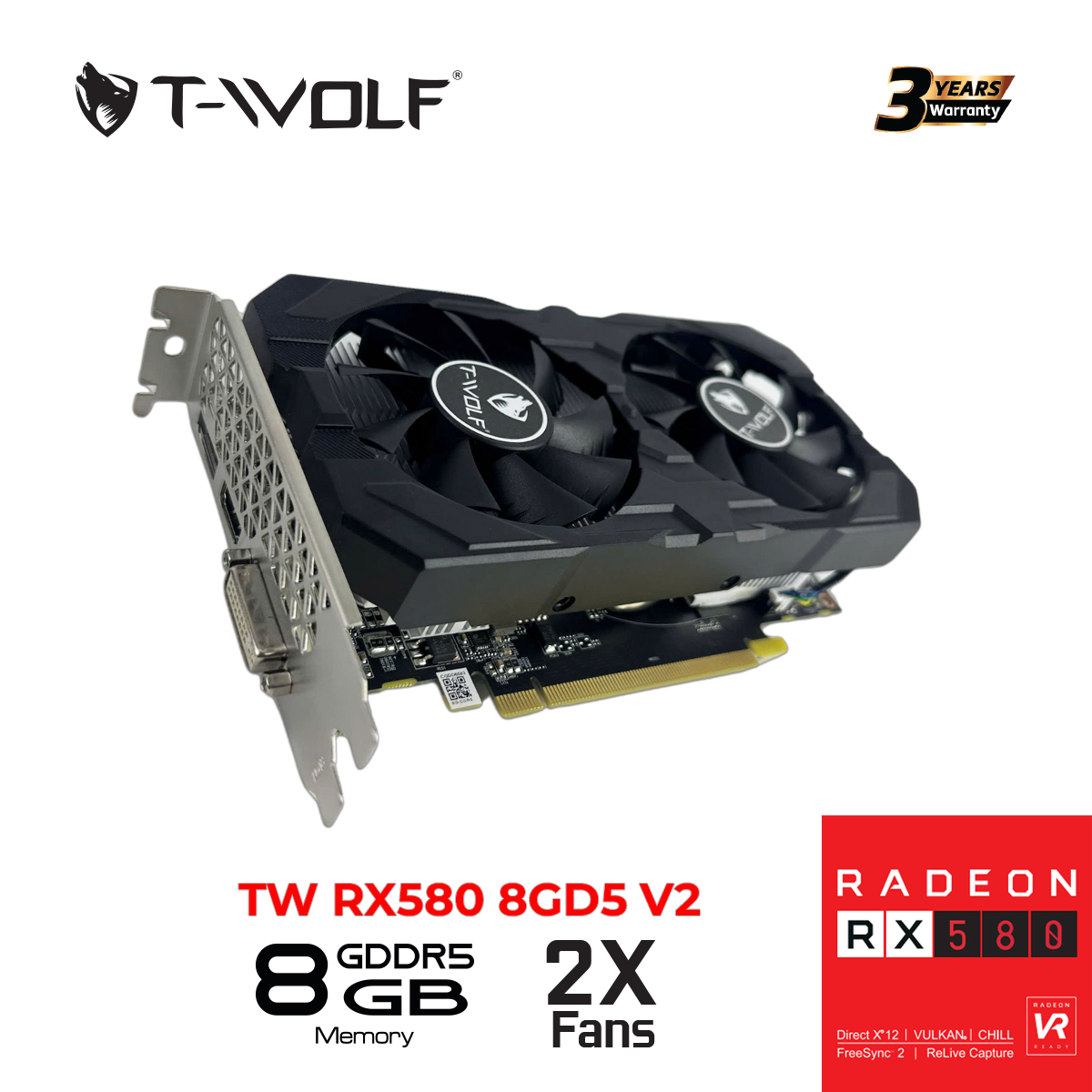 Card màn hình AMD Radeon RX 580 T-WOLF | 8GB GDDR5, 2304 SP, 500W - Ảnh 3