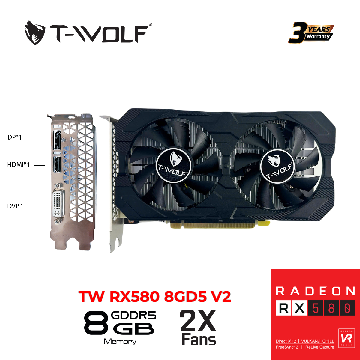 Card màn hình AMD Radeon RX 580 T-WOLF | 8GB GDDR5, 2304 SP, 500W - Ảnh 4