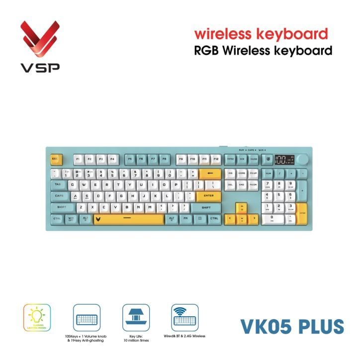 Bàn Phím Giả Cơ Không Dây VSP VK05 Plus| 3 Mode, Min-White-Yellow (KM04-VK05PL0164) - Ảnh 2