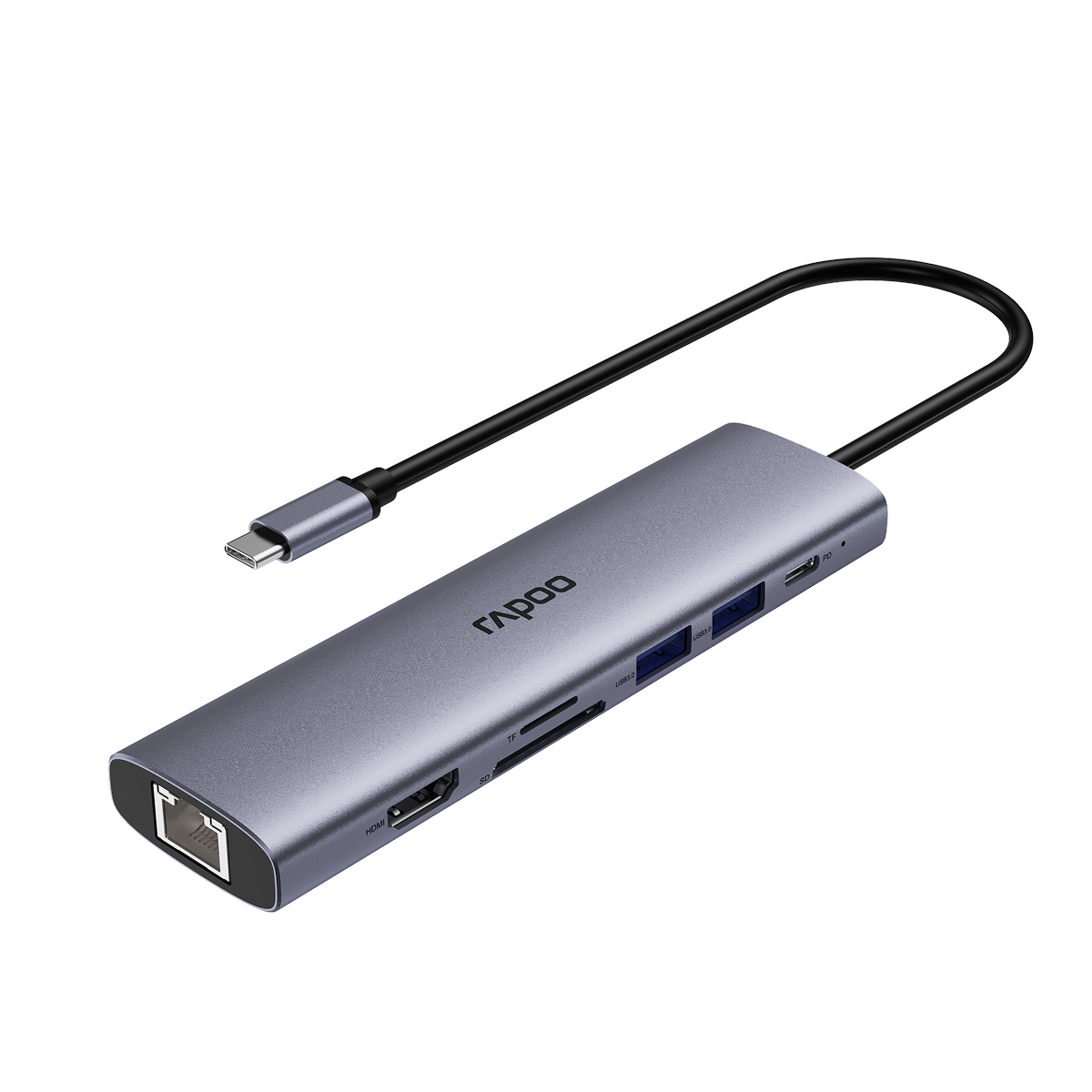 Bộ chuyển đổi đa cổng USB-C RAPOO (XD71) | USB-C to HDMI 4K 60Hz, 2 x USB-A 3.0, RJ45, SD/TF Card, PD - Ảnh 1