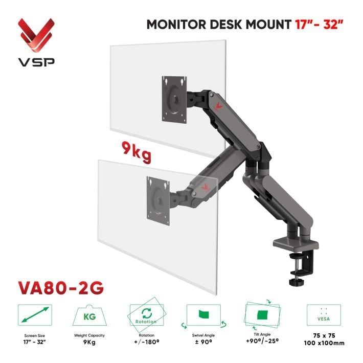 Giá treo màn hình VSP VA80-2G, 17-32 inch, Chân đôi, Màu Đen Xám - Ảnh 2